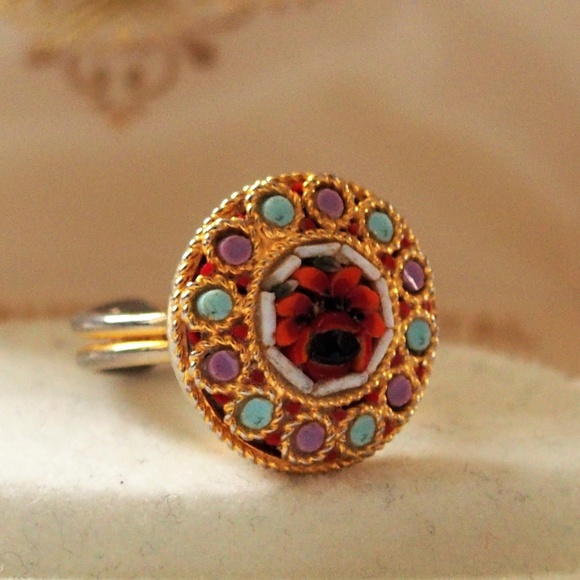 Vintage Jewelry - Vintage Italian Micro Mosaic Ring Filigree Setting